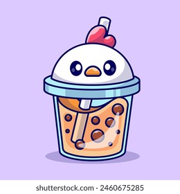 Cute Chicken Milk Tea Boba Cartoon Vector Icon Illustration. Animal Drink Icon Concept Isolated Premium Vector. Flat Cartoon Style