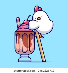 Cute Chicken With Milkshake Cartoon Vector Icon Illustration. Animal Drink Icon Concept Isolated Premium Vector. Flat Cartoon Style