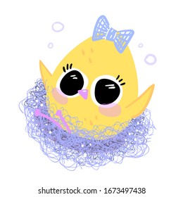Cute chicken in the nest. Fragile chick. Funny character, illustration for easter.