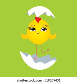 Cute chicken newborn in the egg shell. Cute cartoon character. Vector illustration