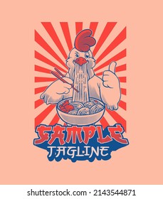 cute chicken noodle mascot japanese retro style