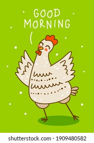 Cute chicken on green background - cartoon rooster character for happy farm design