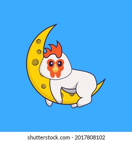 Cute chicken is on the moon. Animal cartoon concept isolated. Can used for t-shirt, greeting card, invitation card or mascot.