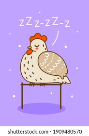 Cute chicken on purple background - cartoon sleeping hen character for happy farm design