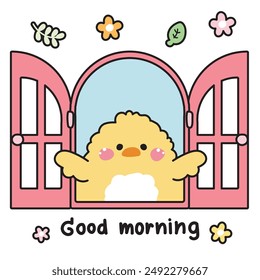 Lindo pollo abre la ventana con el fondo de la flor y de la hoja. Buen texto de la mañana. Diseño de dibujos animados de carácter animal de ave de granja. Imagen para tarjeta, pegatina, producto del bebé. Kawaii. Vector. Ilustración