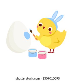 Cute chicken paint Easter eggs. Cartoon funny chick with bunny ears. Isolated character for spring seasonal design