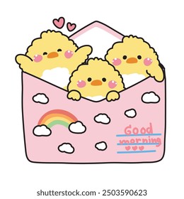 Cute chicken in paper mail have clous and rainbow cartoon design.Message.Card.Good morning text.Farm animal character.Kawaii.Vector.Illustration.