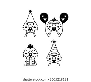 Cute Chicken Party Icons Black and White Cartoon Illustrations Vector Design