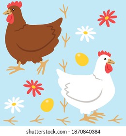 Cute chicken pattern with flowers and golden eggs