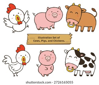 Conjunto de Ilustración vectorial de pollo, cerdo y vaca.