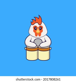 Cute chicken is playing drums. Animal cartoon concept isolated. Can used for t-shirt, greeting card, invitation card or mascot.
