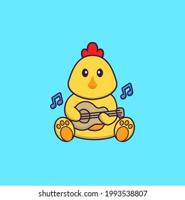 Cute chicken playing guitar. Animal cartoon concept isolated. Can used for t-shirt, greeting card, invitation card or mascot.