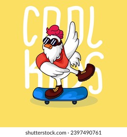 Cute pollo jugando al patinaje sobre la ilustración vectorial, estilo de dibujos animados planos