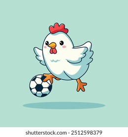 Cute Chicken Playing Soccer Cartoon Vector Icon Illustration. Animal Sport Icon Concept Isolated Premium Vector. Flat Cartoon Style