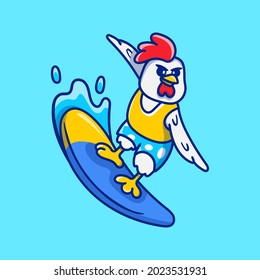 cute chicken playing surfing illustration