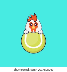 Cute chicken playing tennis. Animal cartoon concept isolated. Can used for t-shirt, greeting card, invitation card or mascot.