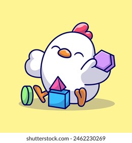 Cute Chicken Playing Toy Block Cartoon Vector Icon Illustration. Animal Education Icon Concept Isolated Premium Vector. Flat Cartoon Style