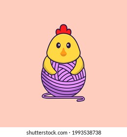 Cute chicken playing with wool yarn. Animal cartoon concept isolated. Can used for t-shirt, greeting card, invitation card or mascot.