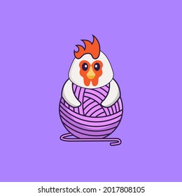 Cute chicken playing with wool yarn. Animal cartoon concept isolated. Can used for t-shirt, greeting card, invitation card or mascot.