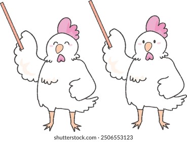 Cute chicken with a pointing stick