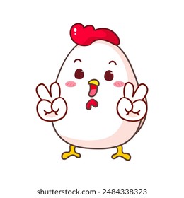 Cute Chicken Poses Peace Hand Sign Gesture Cartoon Character. Adorable and Kawaii Animal Icon Mascot Concept Design. Logo Vector Illustration. Isolated White Background.