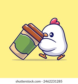 Ilustración del icono del Vector de dibujos animados de la taza de café del pollo lindo. Concepto de icono de bebida animal Vector Premium aislado. Estilo plano de dibujos animados