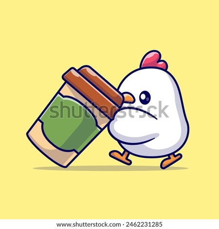 Cute Chicken Pushing Coffee Cup Cartoon Vector Icon Illustration. Animal Drink Icon Concept Isolated Premium Vector. Flat Cartoon Style