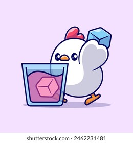 Cute Chicken Putting Ice Cube In Juice Cartoon Vector Icon Illustration. Animal Drink Icon Concept Isolated Premium Vector. Flat Cartoon Style