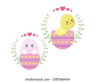 cute chicken and rabbit of easter in eggs