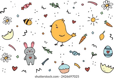 Cute Chicken and Rabbit. Vector doodle set with carrot, eggshell, candy, colored eggs