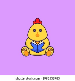 Cute chicken reading a book. Animal cartoon concept isolated. Can used for t-shirt, greeting card, invitation card or mascot.
