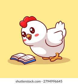 Cute Chicken Reading Book Cartoon Vector Icon Illustration. Animal Education Icon Concept Isolated Premium Vector. Flat Cartoon Style
