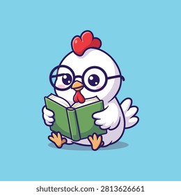Cute Chicken Reading Book Cartoon Vector Illustration