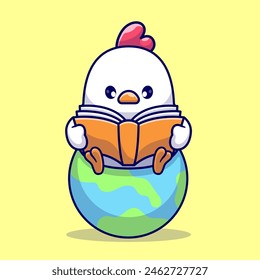 Cute Chicken Reading Book On Earth World Globe Cartoon Vector Icon Illustration. Animal Education Icon Concept Isolated Premium Vector. Flat Cartoon Style