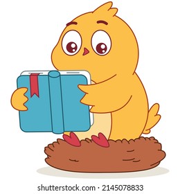 Cute chicken reading book vector cartoon character isolated on a white background.