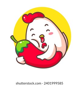 Cute chicken with red chili cartoon. Adorable kawaii Animal concept design. Hand drawn mascot and logo vector illustration. Isolated white background.