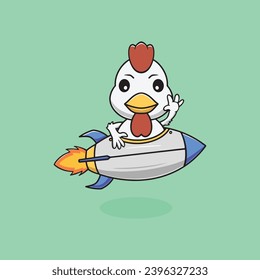 Cute chicken riding rocket cartoon illustration