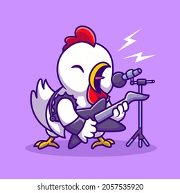 Cute Chicken Rocker Sing With Guitar Cartoon Vector Icon Illustration. Animal Music Icon Concept Isolated Premium Vector. Flat Cartoon Style