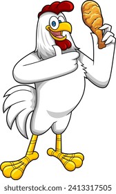 Cute Chicken Rooster Cartoon Character Holding Fried Leg And Giving The Thumbs Up. Vector Hand Drawn Illustration Isolated On Transparent Background