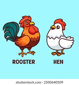 Cute Chicken Rooster And Hen Cartoon Vector Icon Illustration. Animal Nature Icon Concept Isolated Premium Vector. Flat Cartoon Style