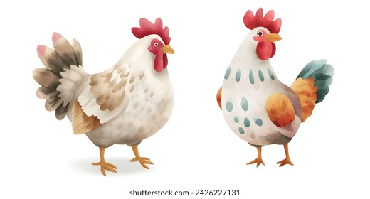 Nettes Huhn und Hahn weiche Aquarell Vektor-Illustration