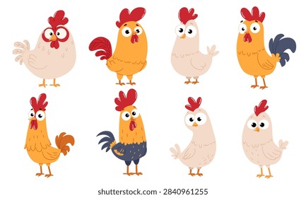 Cute chicken and rooster vector collection with funny expressions and colorful plumage. Adorable farm birds isolated on white background for children’s designs, stickers, nursery products and illustrations.