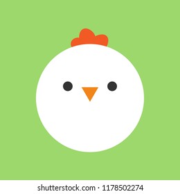 Cute chicken round vector graphic icon. White hen bird animal head, face illustration. Isolated on green background.