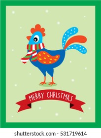 cute chicken with scarf merry christmas greeting card