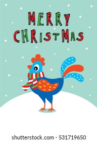 cute chicken with scarf merry christmas greeting card