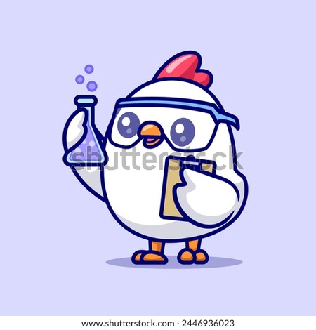 Cute Chicken Scientist Holding Lab Tube And Clipboard Cartoon Vector Icon Illustration. Animal Science Icon Concept Isolated Premium Vector. Flat Cartoon Style