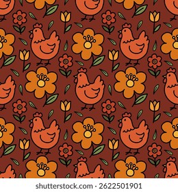 Cute chicken with a seamless flower pattern on a yellow background. Drawing of agricultural elements. Hand drawn vector illustration.