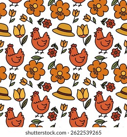 Cute chicken with a seamless flower pattern on a yellow background. Drawing of agricultural elements. Hand drawn vector illustration.