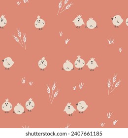 Cute chicken Seamless Pattern, Cartoon Doodle chickens Background vector Illustration.