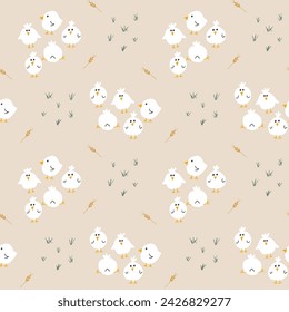 Cute chicken Seamless Pattern, Cartoon Doodle chickens Background vector Illustration.